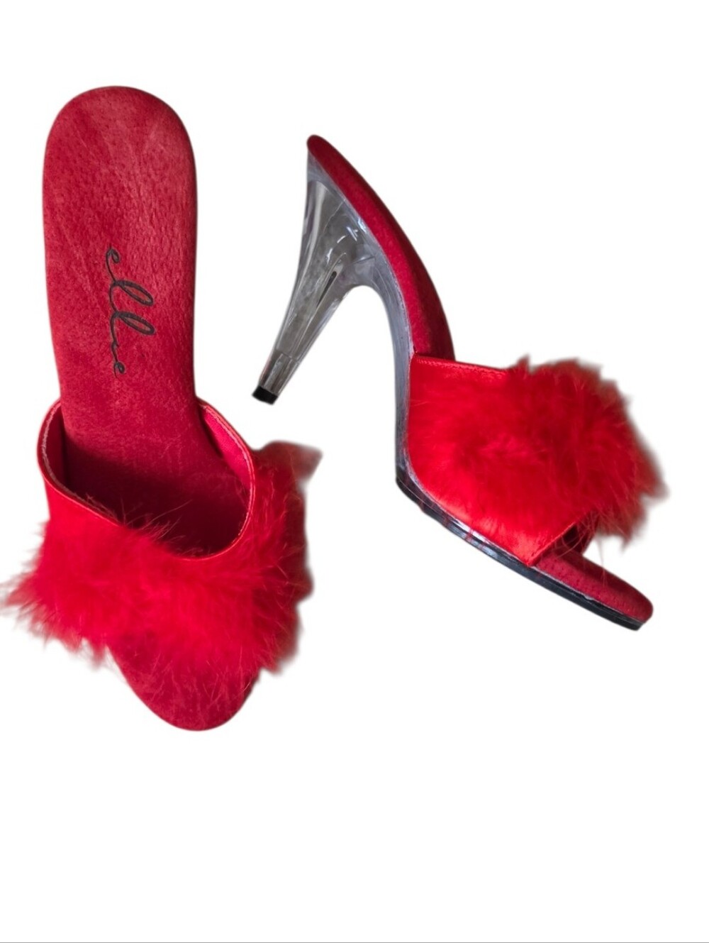 Ellie Shoes Red Marabou Feather Clear Heel Boudoir Mules Y2K Size 7 - Picture 2 of 11